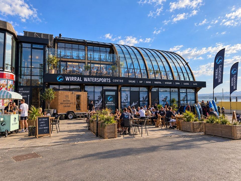 Artist’s impression of the Wirral Watersports building, with the upstairs restaurant, sauna and kit racks on the terrace